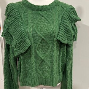 POL Emerald Ruffle Cable Knit Sweater